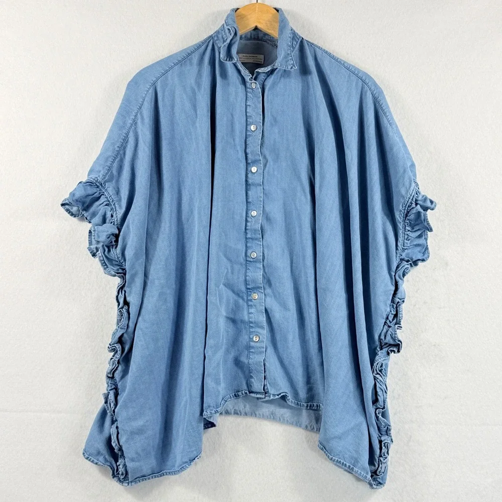 Zara Ruffle Denim Top Womens Medium Blue Oversized Boho Coastal Cape Blouse